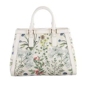 Tory Burch watercolor botanical print Robinson canvas triangle tote handbag